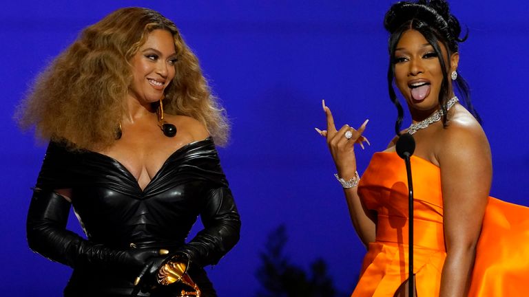 Beyonce (L) and Megan Thee Stallion took the award for best rap song for Savage. Pic: AP