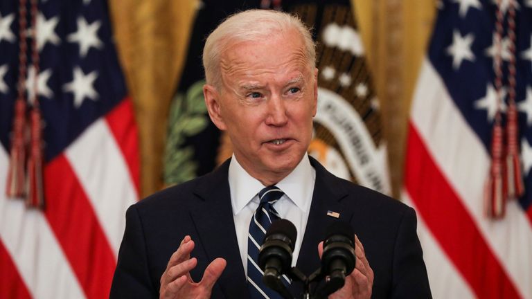 U.S. President Joe Biden holds his first formal news conference in the East Room of the White House in Washington, U.S., March 25, 2021. REUTERS/Leah Millis