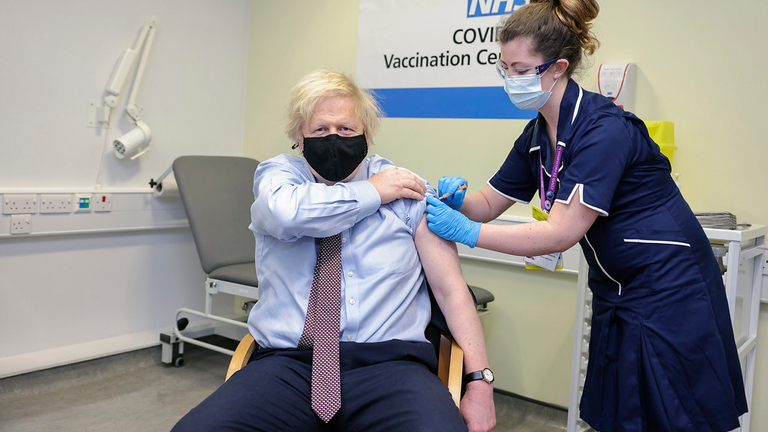 Boris Johnson pictured having the Oxford-AstraZeneca vaccine at St Thomas&#39; Hospital. Pic: No 10