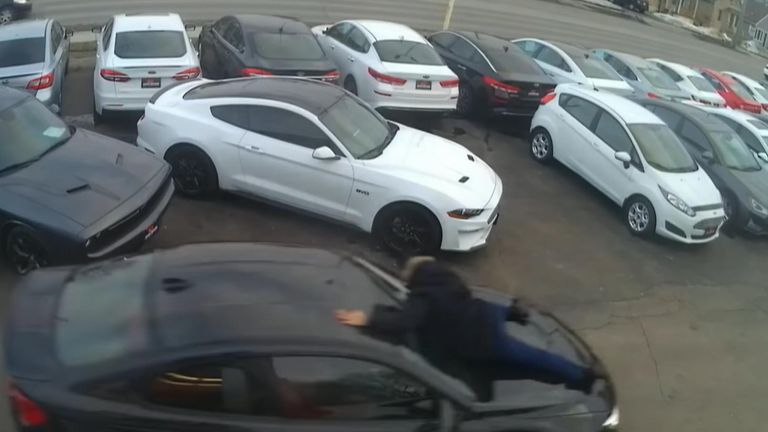 Police searching for a suspected car thief in Canada have released video showing a dealership employee clinging onto a BMW as it was driven away.