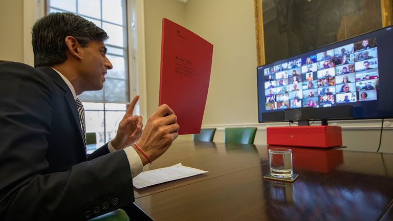 Chancellor Rishi Sunak holds a virtual call with around 50 people who have been helped by the government&#39;s support schemes during the COVID pandemic. Pic: HM Treasury