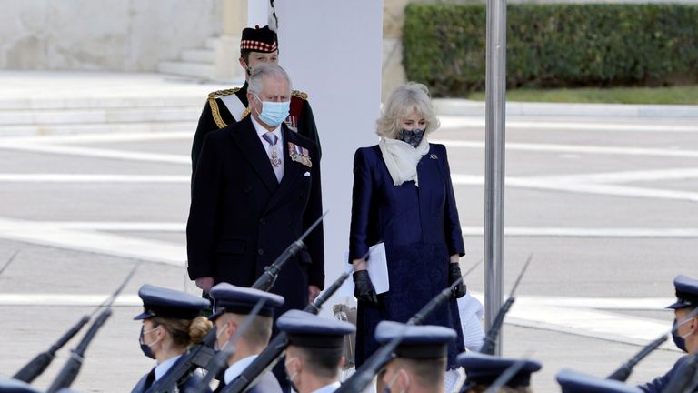 Britain&#39;s Prince Charles and Camilla, Duchess of Cornwall, attend a military parade during celebrations for the 200th anniversary of the Greek War of Independence, in Athens, Greece March 25, 2021. REUTERS/Alkis Konstantinidis