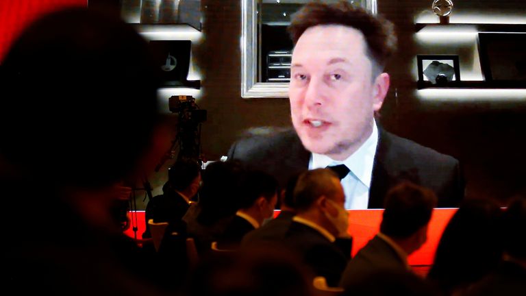 Tesla Inc Chief Executive Officer Elon Musk attends via video link a session at the China Development Forum held in Beijing, China March 20, 2021