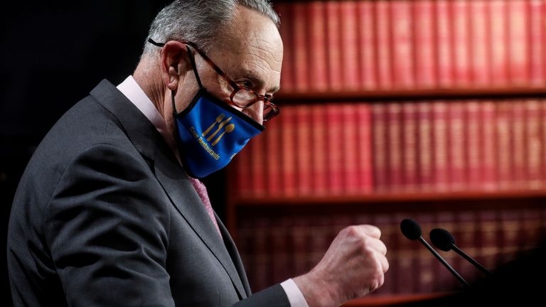 Senate Majority Leader Chuck Schumer (D-NY) speaks about efforts to pass fresh coronavirus disease (COVID-19) relief legslation as Senate Democratic leaders hold a news conference at the U.S. Capitol in Washington, U.S., March 2, 2021. REUTERS/Leah Millis/File Photo