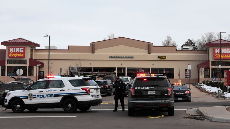 Police outside a King Soopers grocery store where a shooting took place Monday. Pic: AP