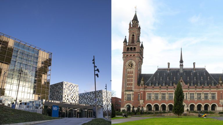 The International Court of Justice, right, and the International Criminal Court, left, are both in the Netherlands.