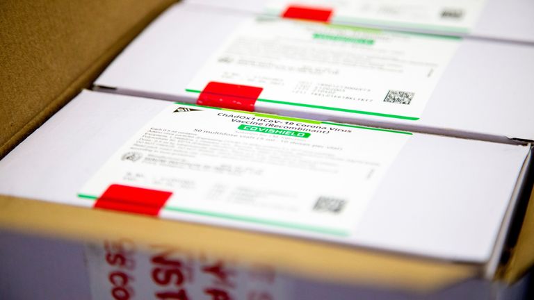 Boxes of some of the first 500,000 of the 2-million AstraZeneca coronavirus disease (COVID-19) vaccine doses that Canada has secured through a deal with the Serum Institute of India in partnership with Verity Pharma at a facility in Milton, Ontario, Canada March 3, 2021. REUTERS/Carlos Osorio
