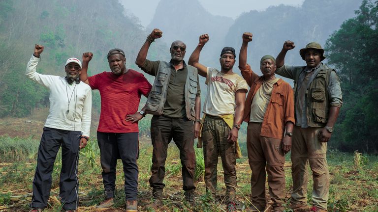 Director Spike Lee, Isiah Whitlock Jr as Melvin, Delroy Lindo as Paul, Jonathan Majors as David, Clarke Peters as Otis and Norm Lewis as Eddie in Da 5 Bloods. Pic: Netflix/David Lee