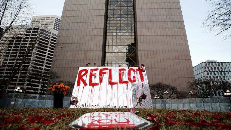 Protest artwork has been placed outside the Hennepin County Government Center where the trial is taking place