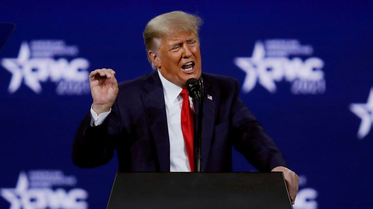 Former US President Donald Trump speaks at the Conservative Political Action Conference (CPAC) in Orlando, Florida