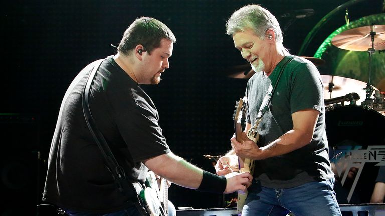 Wolfgang Van Halen and Eddie Van Halen on stage at Ak-Chin Pavillion in Phoenix, Arizona, in 2015. Pic: AP