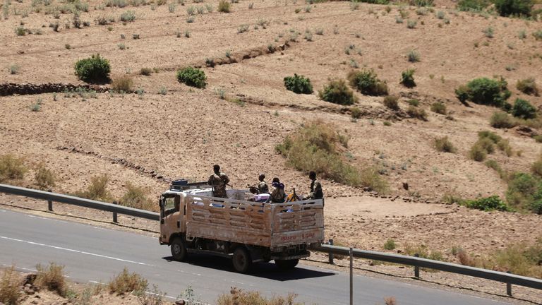 Troops in Eritrean uniforms are seen on top of a truck near the town of Adigrat, Ethiopia, March 14, 2021. Picture taken March 14, 2021. REUTERS/Baz Ratner
