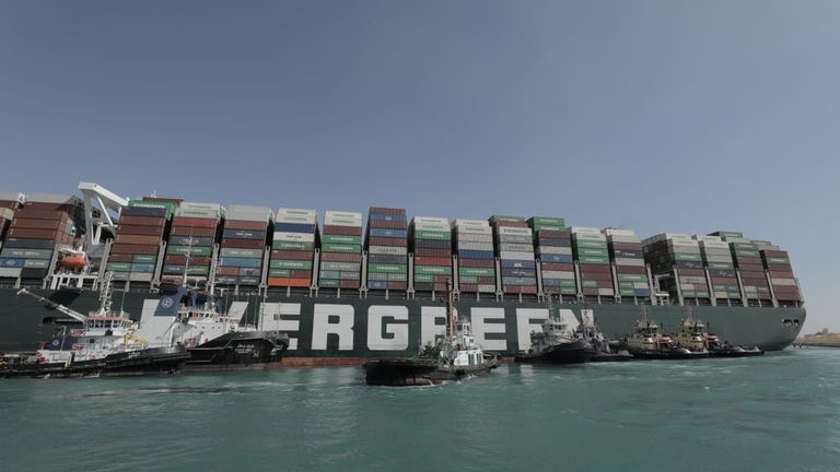 Stranded ship Ever Given, one of the world&#39;s largest container ships, is seen after it ran aground, in Suez Canal, Egypt