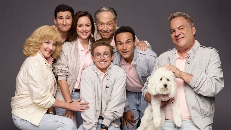 ABC&#39;s "The Goldbergs" stars Wendi McLendon-Covey as Beverly Goldberg, Sam Lerner as Geoff Schwartz, Hayley Orrantia as Erica Goldberg, Sean Giambrone as Adam Goldberg, George Segal as Pops Solomon, Troy Gentile as Barry Goldberg, Sage as Lucky Goldberg, and Jeff Garlin as Murray Goldberg. (ABC/Andrew Eccles)