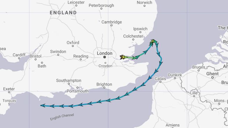 This shows the HMM Rotterdam travelling through the English Channel at 10.13am on March 23rd. Credit: MarineTraffic