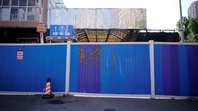 The Huanan wet market in Wuhan is pictured boarded up in September 2020