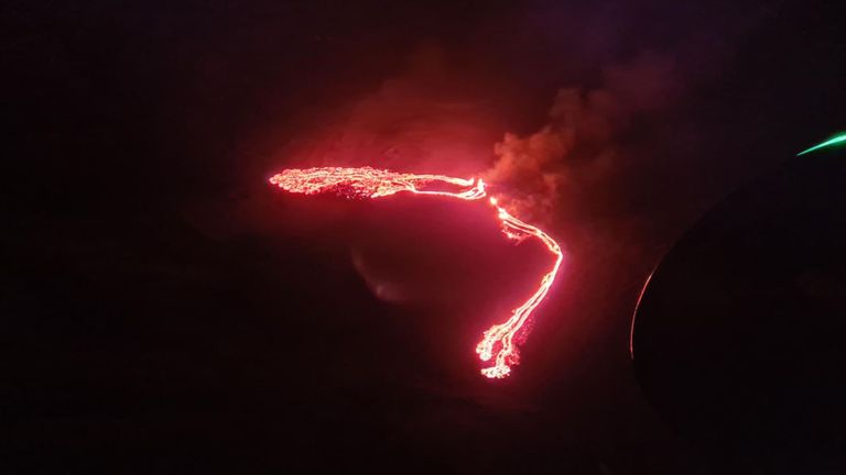 Eruption in Iceland taken from the Coast Guard helicopter. Pic: Icelandic Meteorological Office