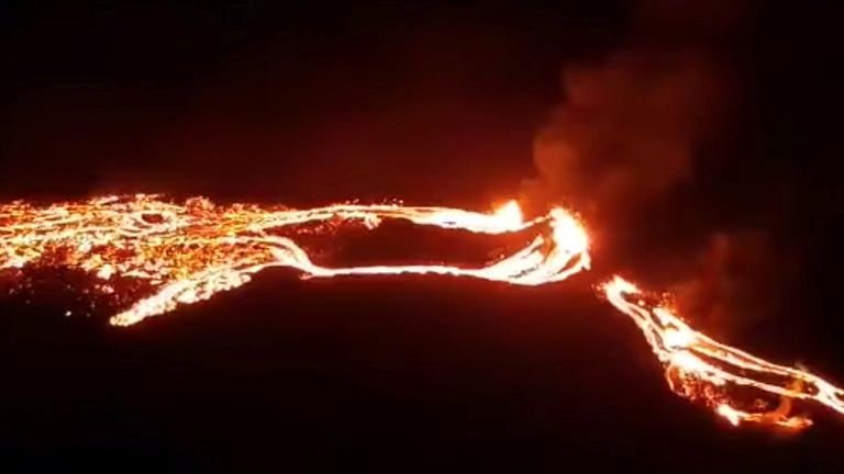 Lava streams are seen during a volcanic eruption in Fagradalsfjall, Reykjanes, Iceland, March 19, 2021 in this still image taken from video provided on social media. Mandatory credit Icelandic Meteorological Office ? IMO/via REUTERS. ATTENTION EDITORS - THIS IMAGE HAS BEEN SUPPLIED BY A THIRD PARTY. MANDATORY CREDIT. NO RESALES. NO ARCHIVES