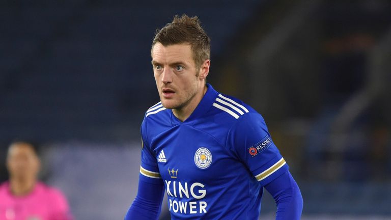 Leicester City&#39;s Jamie Vardy during a match against Slavia Prague at the King Power Stadium in Leicester. Pic: AP