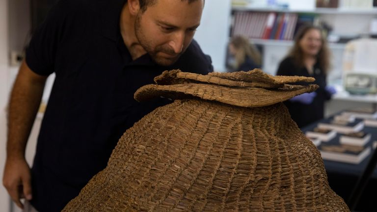 A  woven basket at the Antiquities Authority Dead Sea scrolls conservation lab in Jerusalem