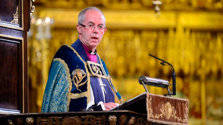 Archbishop of Canterbury Justin Welby makes an address during a National Service to mark the centenary of the Armistice at Westminster Abbey, London, Archbishop of Canterbury Justin Welby makes an address during a National Service to mark the centenary of the Armistice at Westminster Abbey, London, Sunday November 11, 2018. (Paul Grover/Pool photo via AP)