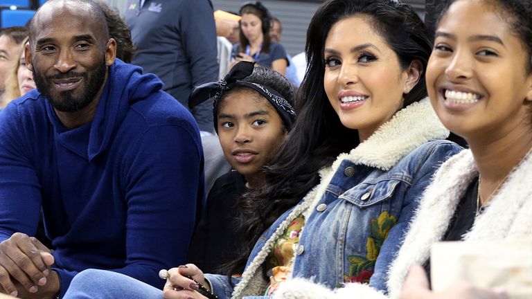 Kobe Bryant with daughter Gianna, wife Vanessa and daughter Natalia at a basketball game in Los Angeles in 2017. Photo: AP