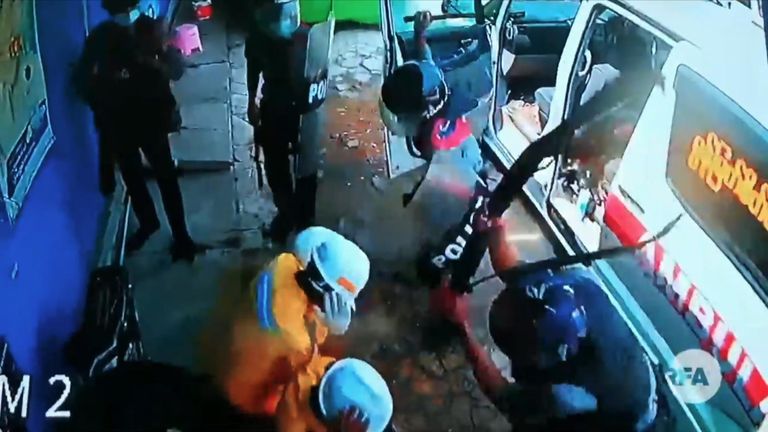 Graphic video has emerged showing Myanmar police beating volunteer medics in Yangon, Myanmar.