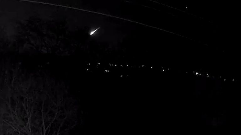 Screen grab from a video taken with permission from the Twitter feed of @JillHemingway of a fireball that lit up the skies over the UK on Sunday night, which scientists have said is likely to have been a small asteroid entering the Earth&#39;s atmosphere.