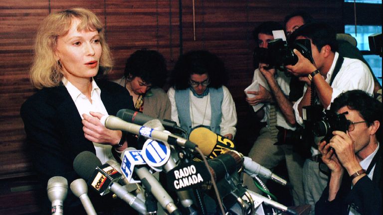 Mia Farrow pictured at a press conference in New York in 1993 after being awarded custody of her three children with Woody Allen