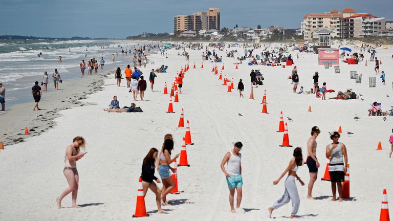 Cones laid out on Clearwater Beach as part of social distancing measures