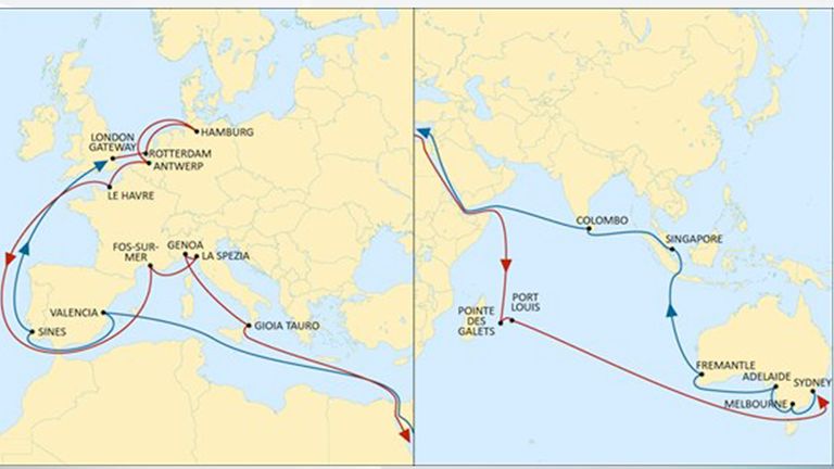 This map from MSC&#39;s website shows the routes taken by ships on the Australian Express service. Credit: MSC