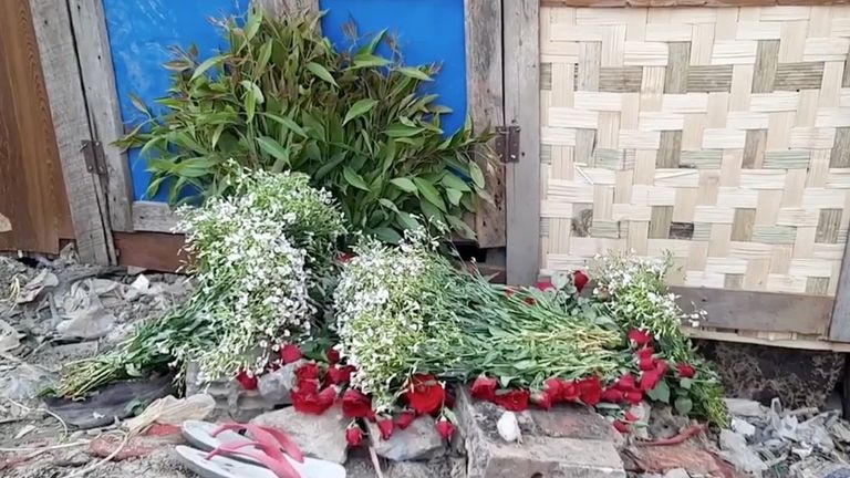 Flowers at the funeral for Tun Tun Aung, 15, who was killed in his hut when security forces opened fire, in Mandalay. Pic: RADIO FREE ASIA/via REUTERS 
