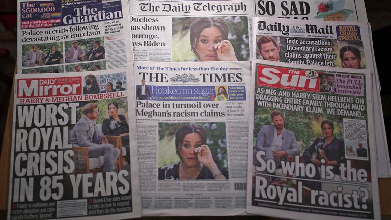 File photo dated 09/03/21 of the front pages of UK national newspapers showing the reaction to the interview of the Duke and Duchess of Sussex with Oprah Winfrey. 