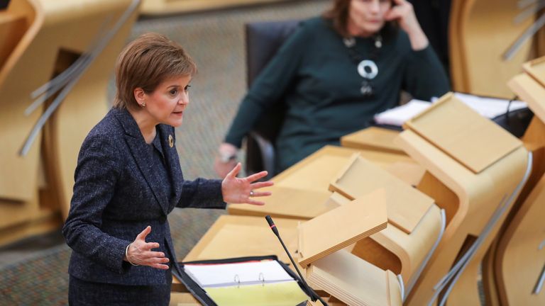 First Minister Nicola Sturgeon during First Minister’s Questions at the Scottish Parliament in Holyrood, Edinburgh. (Russell Cheyne/PA)
