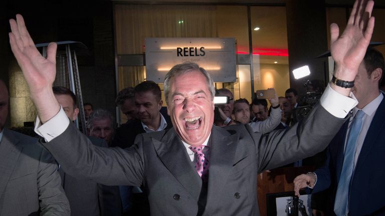 Nigel Farage celebrates the Brexit referendum result at a Leave.EU party