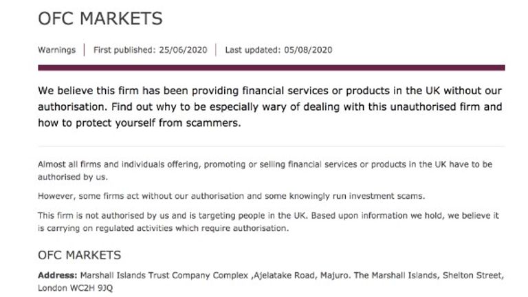 The FCA believes OFC has been offering financial services in the UK without its authorisation