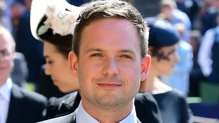 Patrick J. Adams and wife Troian Bellisario arrive at St George&#39;s Chapel at Windsor Castle for the wedding of Meghan Markle and Prince Harry. PRESS ASSOCIATION Photo. Picture date: Saturday May 19, 2018. See PA story ROYAL Wedding. Photo credit should read: Ian West/PA Wire