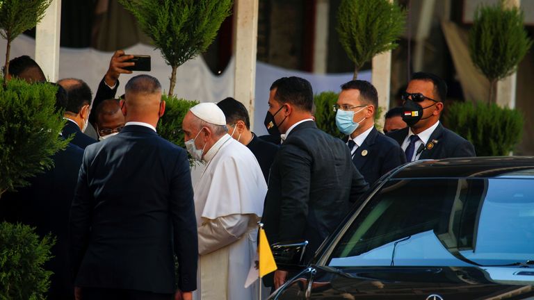 Pope Francis is pictured as he arrives to meet with Iraq&#39;s top Shi&#39;ite cleric, Grand Ayatollah Ali al-Sistani, in Najaf, Iraq March 6, 2021. REUTERS/Alaa Al-Marjani