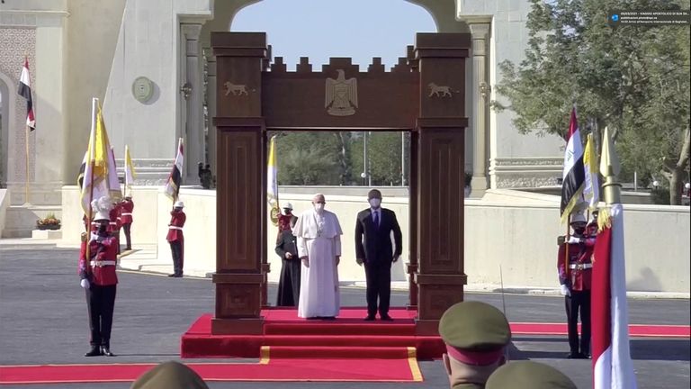 The Pope has been welcomed to Iraq&#39;s presidential palace by the country&#39;s president Barham Salih