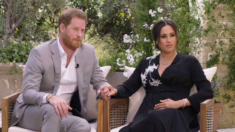 Harry and Meghan&#39;s interview with Oprah. Pic: CBS