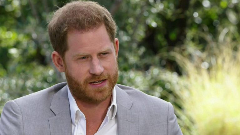 Prince Harry during his interview with Oprah Winfrey. pic: CBS