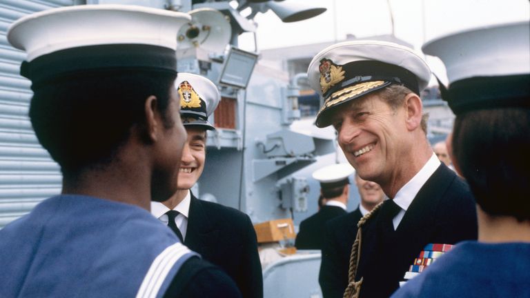 Prince Philip visits the German destroyer "Hessen" in Bremerhaven on 23 May 1978. Photo by: dpa/picture-alliance/dpa/AP Images