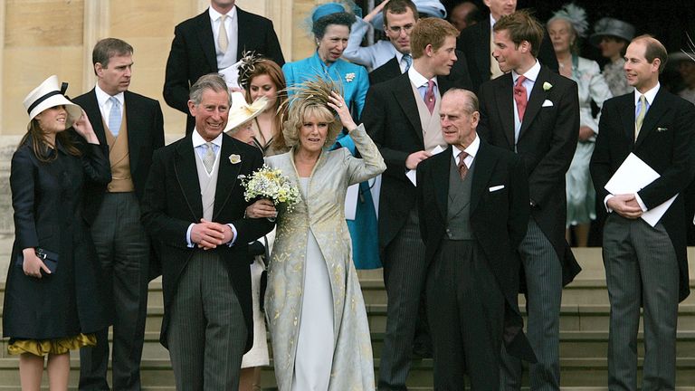 Britain&#39;s Prince Charles, and his bride Camilla  Duchess of Cornwall, at front centre, with the Duke of Edinburgh, front right, with other members of the Royal Family as they  leave St George&#39;s Chapel in Windsor, England following the church blessing of their civil wedding ceremony, Saturday, April 9, 2005. The members of the Royal Family  standing behind Prince Charles and the Duchess are from left, Princess Eugenie, Prince Andrew, Princess Beatrice, Princess Anne, Peter Phillips. Prince Harry,