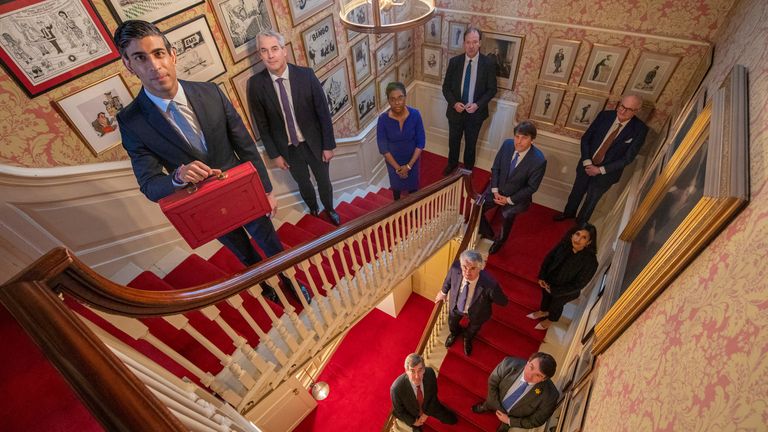 The Chancellor Rishi Sunak together with his full ministerial team on the stairs of No.11 Downing Street before he leaves to deliver the budget Pic: HM Treasury