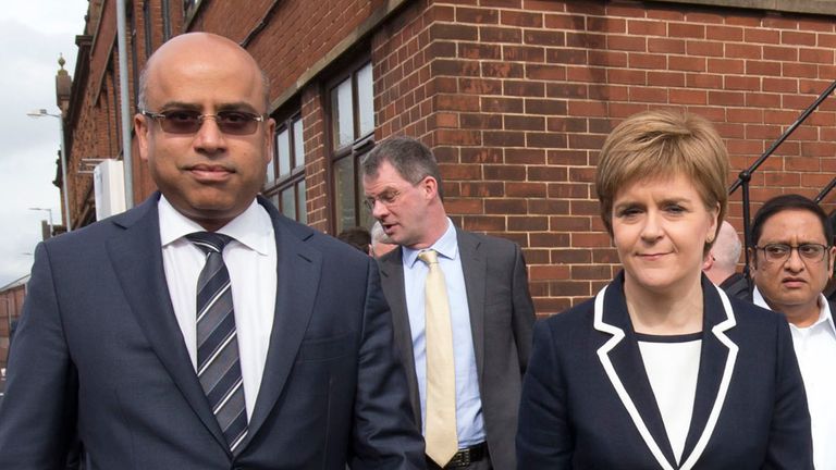 First Minister Nicola Sturgeon and Sanjeev Gupta, the head of the Liberty Group, ahead of a ceremony where Tata Steel handed over the keys of two Lanarkshire steel plants to metals firm Liberty House, at Dalzell steelworks in Scotland. 8/4/2016