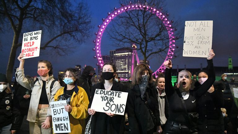 Demonstrators during a protest outside New Scotland Yard in memory of Sarah Everard