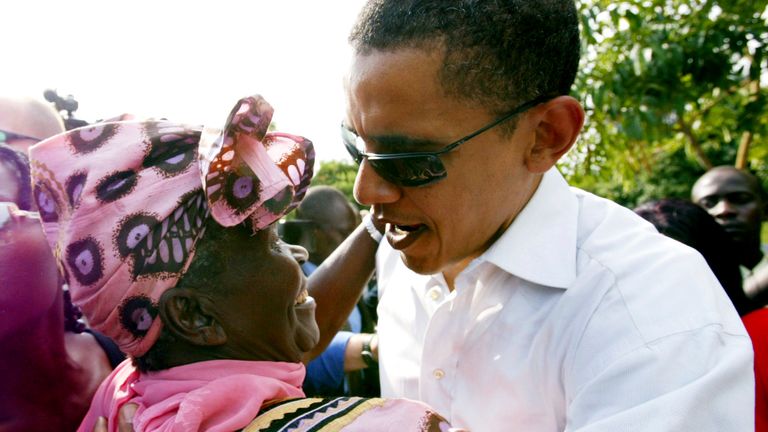 Barack Obama meets his step-grandmother Sarah Obama at his father&#39;s house in Kogelo village, western Kenya in 2006. Pic: AP