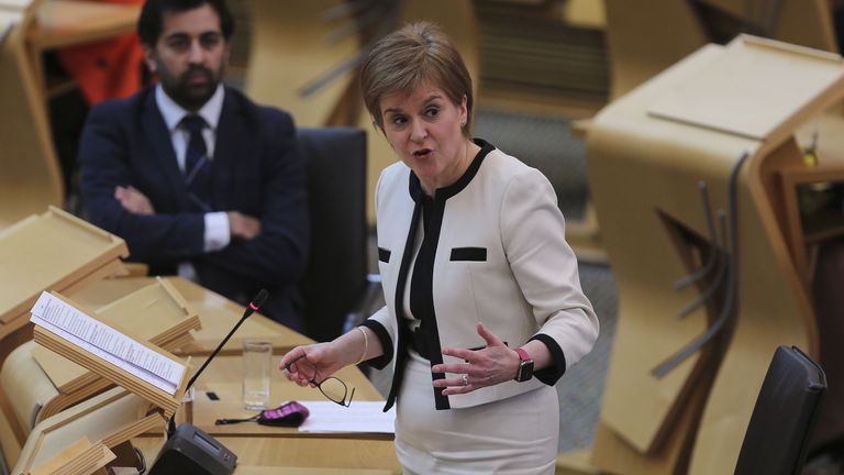 First Minister Nicola Sturgeon during First Minister&#39;s Questions at the Scottish Parliament in Holyrood, Edinburgh. Picture date: Wednesday March 24, 2021.

