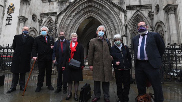 Mark Turnbull, Terry Renshaw, Harry Chadwick, Eileen Turnbull, John McKinsie Jones with wife Rita McKinsie Jones and lawyer Jamie Potter, outside the The Royal Courts Of Justice, London, ahead of a hearing in the Court of Appeal for the so-called "Shrewsbury 24". 14 members are attempting to overturn their convictions for offences incurred whilst picketing building sites in Shrewsbury in the 1972 national builders&#39; strike. Picture date: Wednesday February 3, 2021.