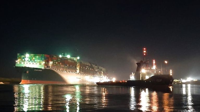 Images show the giant container ship after it was finally dislodged enough for other vessels to pass.  Pic: Suez Canal Authority